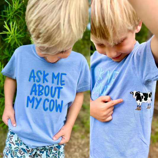 Blue Ask me about my cow with matching pocket size cow - TRANSFER (CC)