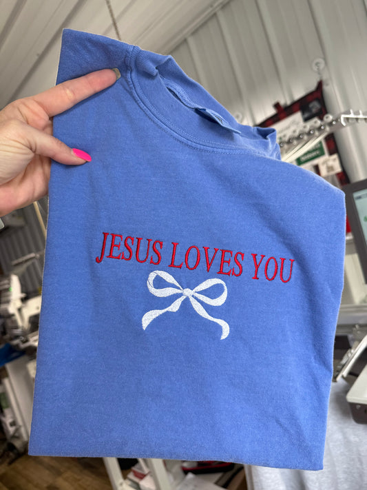 Jesus loves you red white and blue - EMBROIDERED TEE