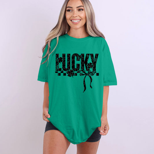 Lucky Checkered with Bow Black Ink - TRANSFER (HW)