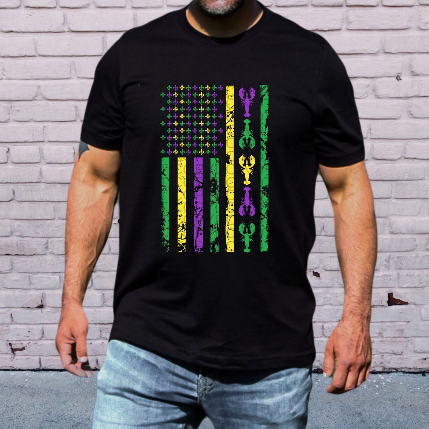 USA Flag Purple Green and Yellow Stripes with Crawfish Mardi Gras - TRANSFERS (CF)