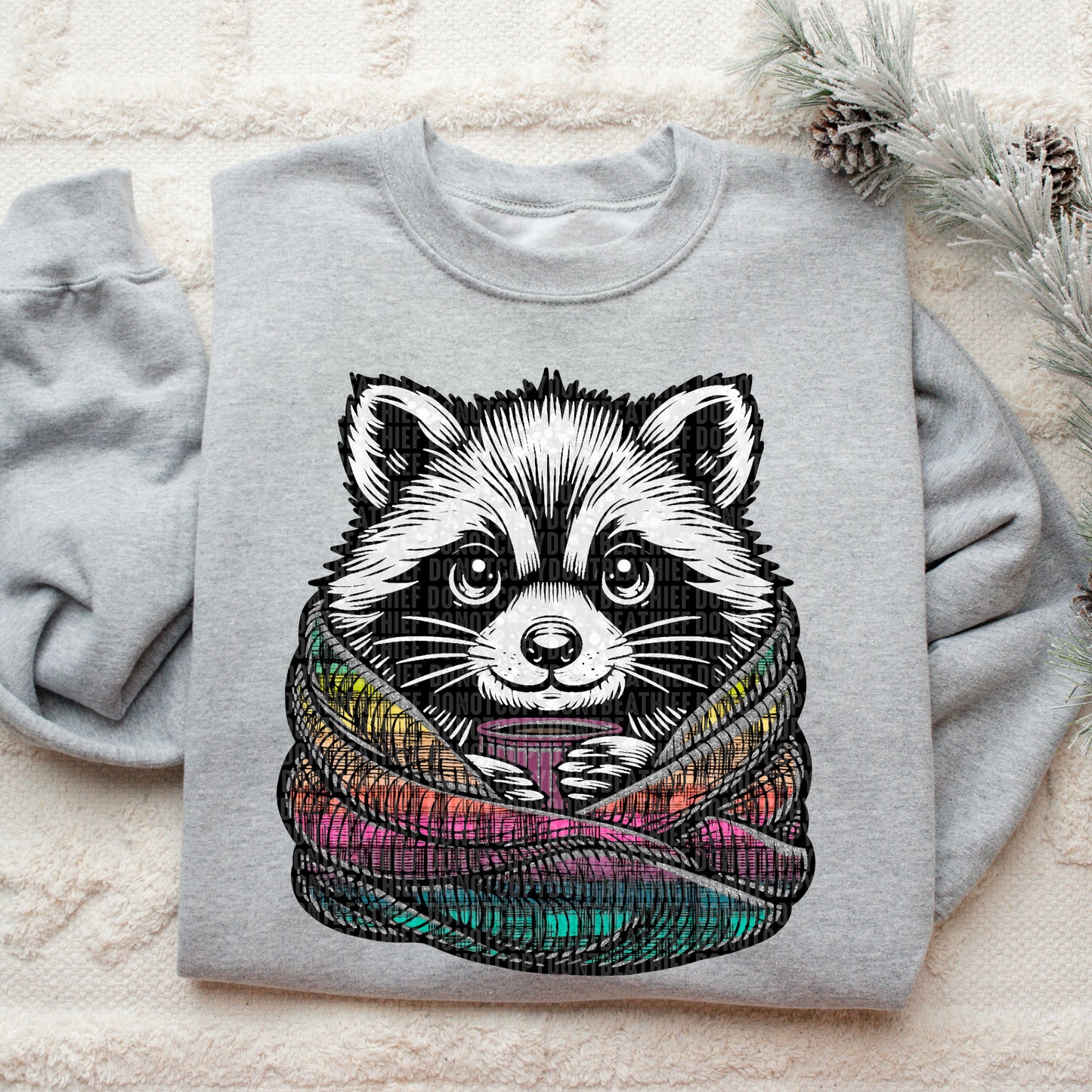 Raccoon with Blanket and Hot Drink - TRANSFER (SDD)